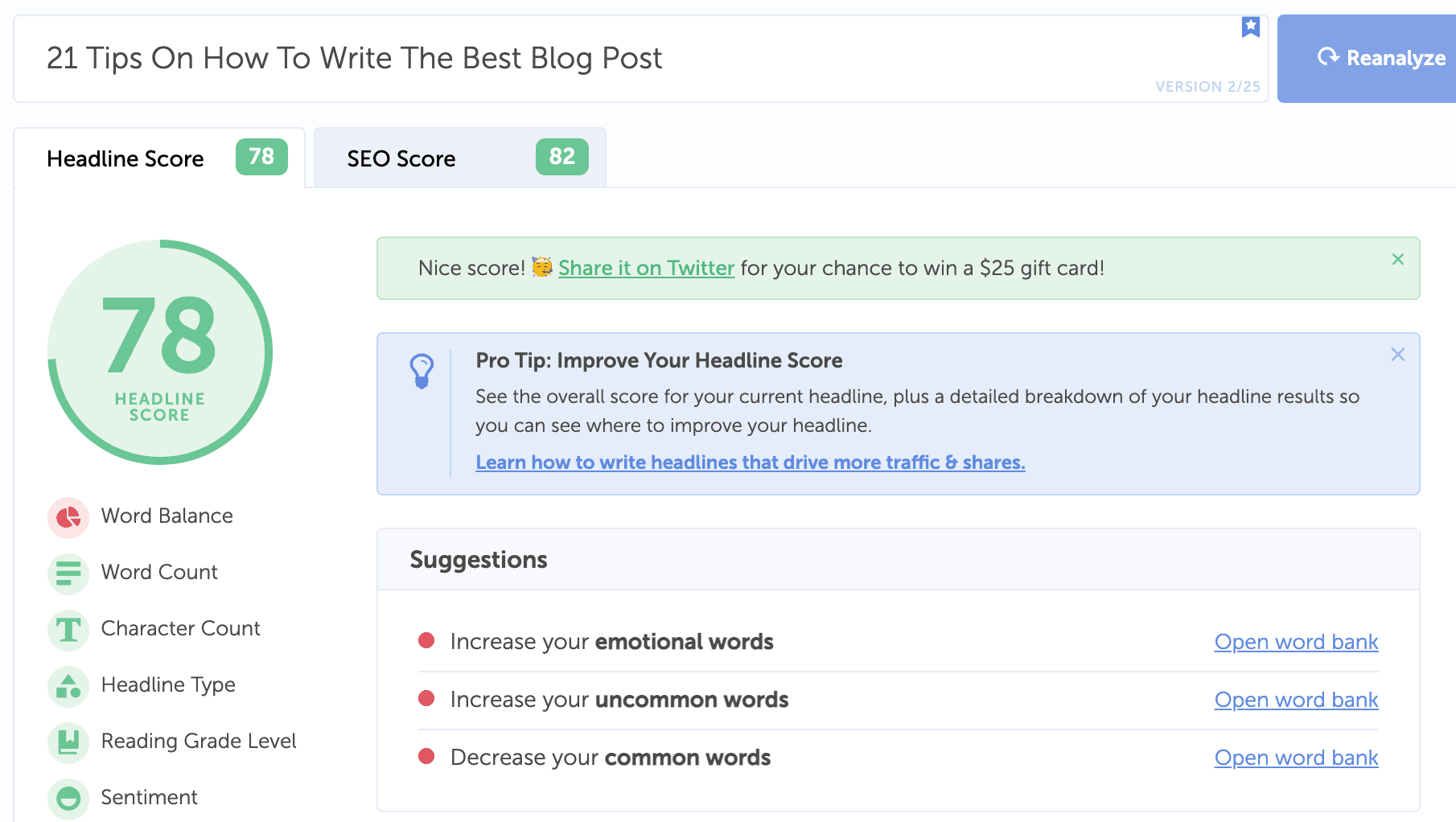 Example of word type results in Headline Studio